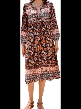 R Vivimos Boho Midi Dress Long Sleeve Tassels Sz L Cottagecore Floral Western